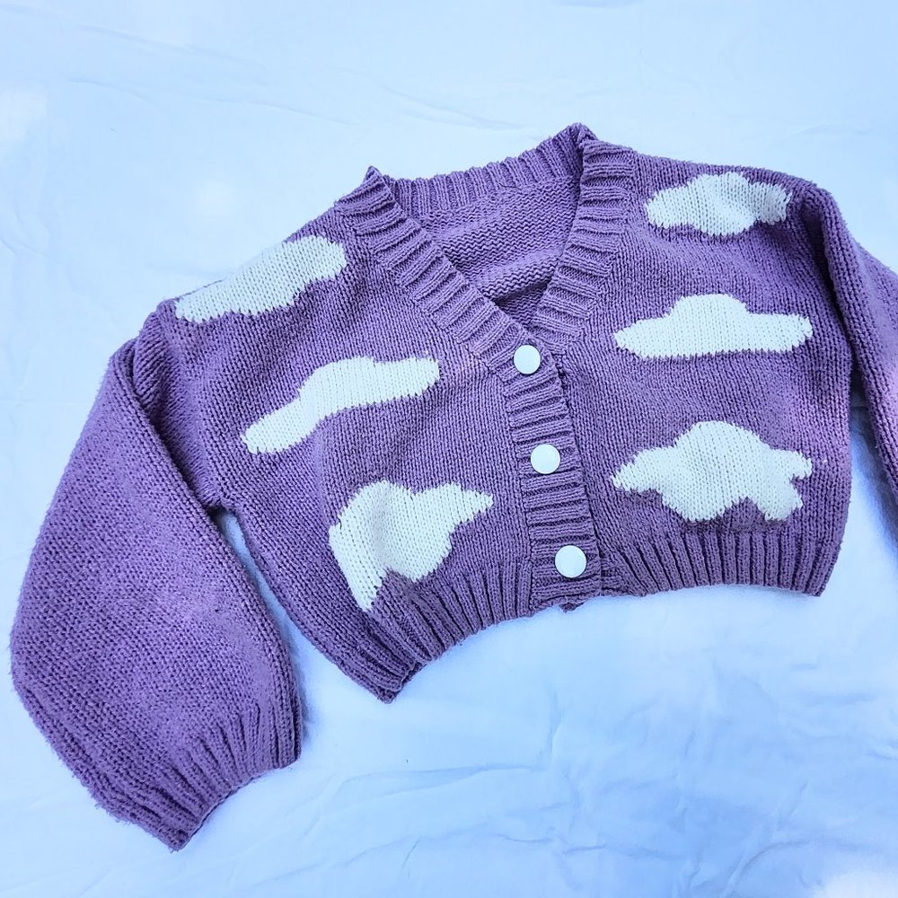 Forever 21 Cropped Purple and White Cloud Sweater Womens Size Small